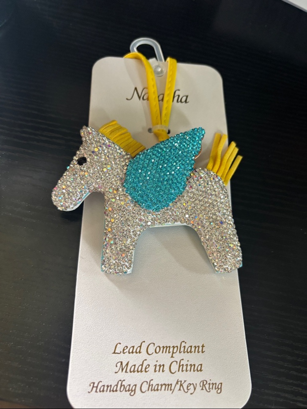Kids Sparkle Unicorn Handbag Charm - Silver with Teal Wings and Yellow Mane